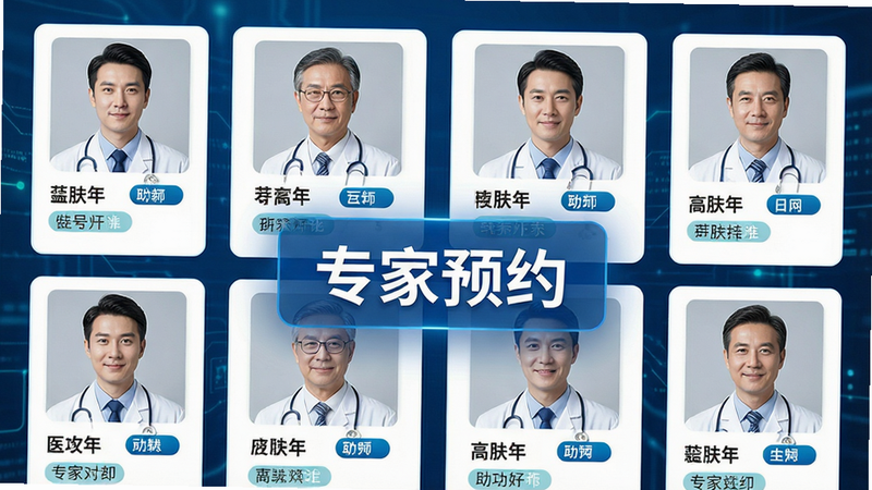 一张展示“皮肤科医院挂号网”专家列表页面的概念图,主体为多个医生头像卡片排列,布局为网格状,排版紧凑清晰,风格为医疗科技风,细节包含医生姓名、职称标签,文字“专家预约”显眼,画质高清,干净,无多余装饰元素