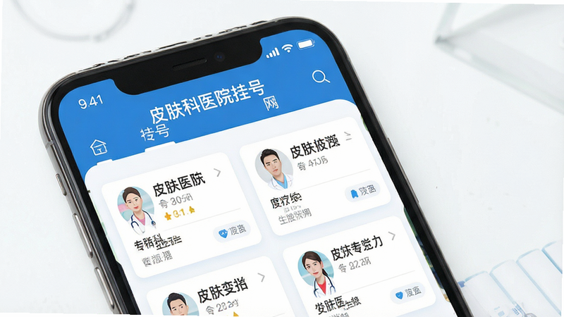 一张展示“皮肤科医院挂号网”App首页界面的高清截图风格图,主体为手机屏幕,显示清晰的导航栏和专家列表卡片,布局整洁有序,排版现代简约,风格为扁平化UI设计,细节处体现医疗蓝的白色背景色调,文字“皮肤科医院挂号网”清晰可见,画质4k,干净无多余元素
