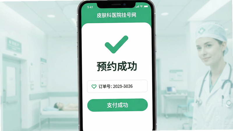 一张展示“皮肤科医院挂号网”App支付成功页面的概念图,主体为绿色对勾图标和“预约成功”文字,布局居中,排版简洁,风格为清新医疗风,细节包含订单号和跳转按钮,文字“支付成功”醒目,画质4k,干净,无多余元素