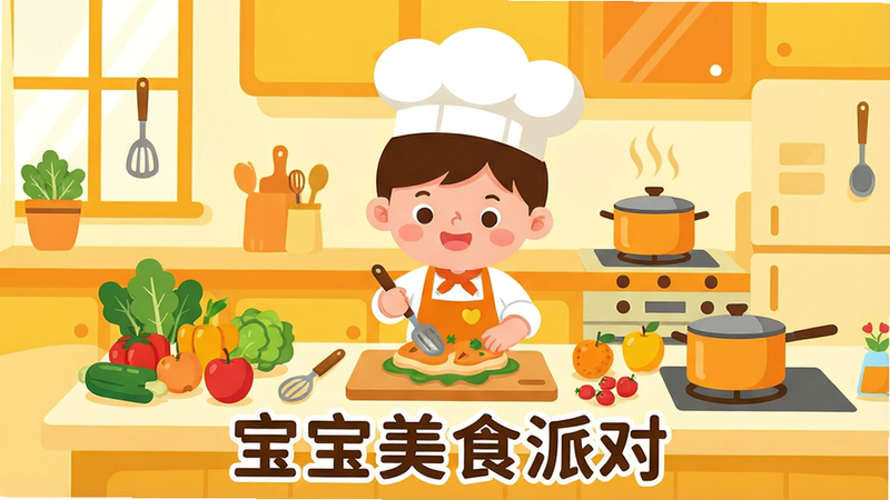 һ�ų���ͯȤ�Ķ�ͯ��⿳����廭�������ǿ�ͨ���ĳ���������������ܰ������������һ���ɰ��Ŀ�ͨ��ʦ��ɫ���ڲ���̨��������ʳ���Χɢ�������ʵ��߲ˡ�ˮ������⿹��ߡ��Ű����࣬ɫ����ů��ɫ�ͳ�ɫΪ�������Ϊ��ƽ��ʸ���廭��ϸ�ڷḻ�����ʸ��壬�ɾ��޶���Ԫ�أ����ְ���