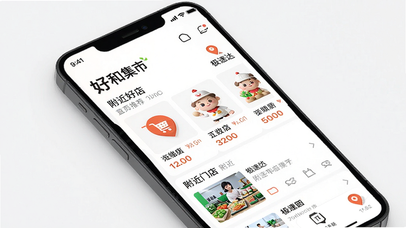 ����Ϊ�ֻ���Ļ��ʾ�úͼ���APP���棬��������չʾ��ҳ�Ƽ���Ʒ�븽���ŵ��б����Ű����ִ�������ƽ����ϸ�ڰ������ﳵͼ���붨λ��־�����ʸ��壬�ɾ����޶���Ԫ�أ����ְ���