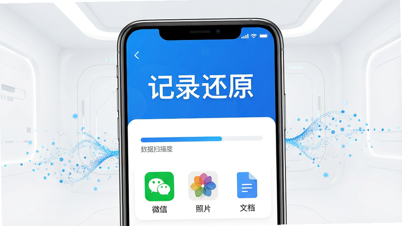 ����Ϊһ���ִ������ֻ�����Ļ��ʾ�š���¼��ԭ��App�������棬����Ϊ����İ�ɫ�Ƽ���񡣲����ϣ��ֻ����У���Ļ�Ϸ���ʾ����⡰��¼��ԭ�����·�չʾ����ɨ����������ļ�����ͼ�꣨΢�š���Ƭ���ĵ������Ű��������Ӿ����ļ�������Ļ���ݡ����Ϊ��ƽ����ƣ�ɫ���ԿƼ����Ͱ�ɫΪ��������רҵ�밲ȫ�С�ϸ�ڴ�������������������Ч�����������ݻָ����̡����ʸ��壬�ɾ��޶���Ԫ�أ����������ɶ�����ˮӡ��