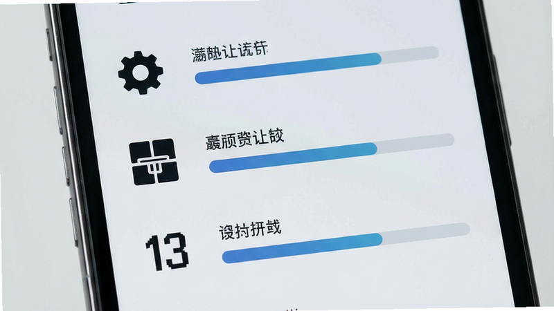 手机屏幕展示列表界面,左侧是不同类别的图标如齿轮、方块、数字,右侧是进度条,背景为浅灰色,文字清晰,布局规整,现代简约风格,细节精致,画质清晰,干净