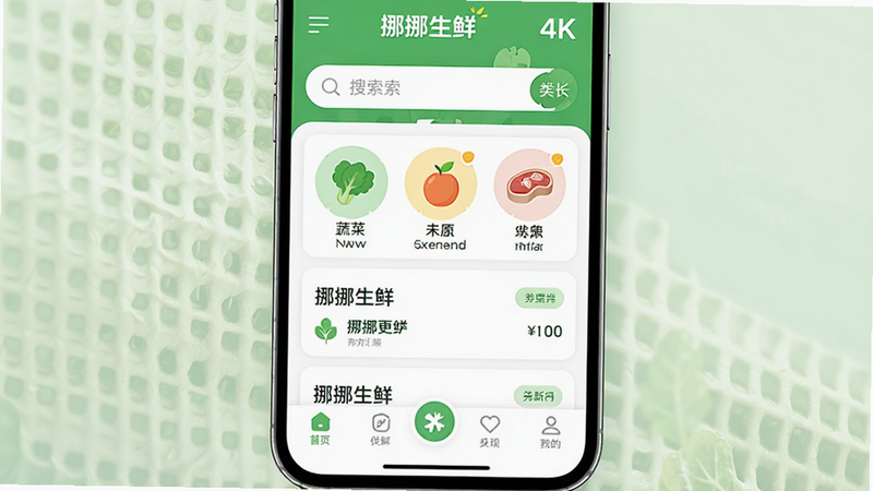 һ��չʾ��ŲŲ���ʡ�APP������ĸ���UI���ͼ������Ϊ�ֻ���Ļ��ʾ���ʶ����б�����������������������������ͼ�꣨�߲ˡ�ˮ�������ࣩ���ײ������������Ϊ�ִ���ƽ����ƣ�ɫ����������ɫ�Ͱ�ɫΪ����ϸ�ڴ������������ʸУ�����4K���ɾ��޶���Ԫ�أ����ֱ�ע��ŲŲ���ʡ�