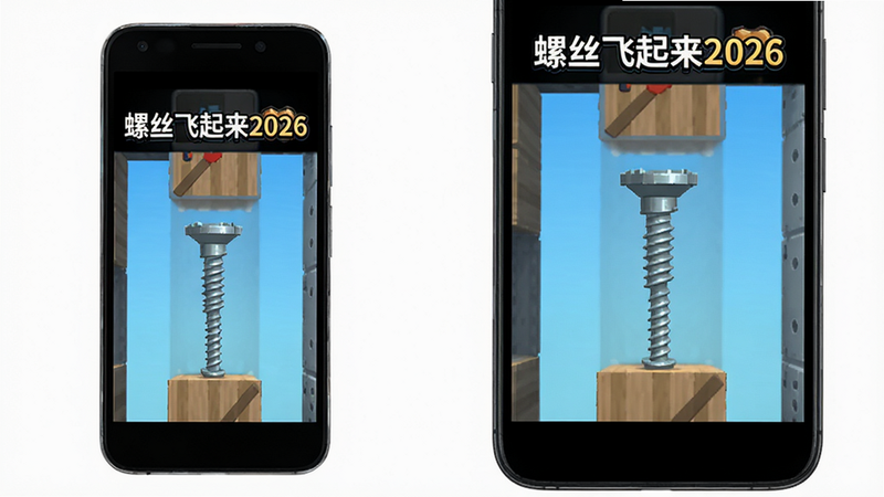主体为两部不同大小的安卓手机并排展示,屏幕均显示“螺丝飞起来2026”游戏界面。左侧手机屏幕较小,右侧手机屏幕较大,两者画面内容一致,显示螺丝拆除场景。布局对称,背景为纯白色。风格为极简产品展示图,细节清晰,画质高清,干净,无多余元素,文字“螺丝飞起来2026”在屏幕顶部