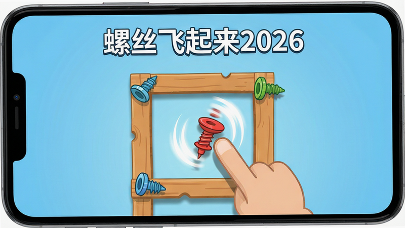 主体为安卓手机屏幕特写,屏幕中显示“螺丝飞起来2026”游戏界面,背景为浅蓝色渐变。画面中央是一个由彩色螺丝固定的木质框架结构,一只卡通手指正点击其中一颗红色螺丝,螺丝周围有白色动态模糊效果表示飞起状态。布局居中构图,排版简洁,风格为扁平化卡通设计,细节处有轻微阴影增加立体感,画质高清,干净无多余元素,文字“螺丝飞起来2026”清晰显示在顶部