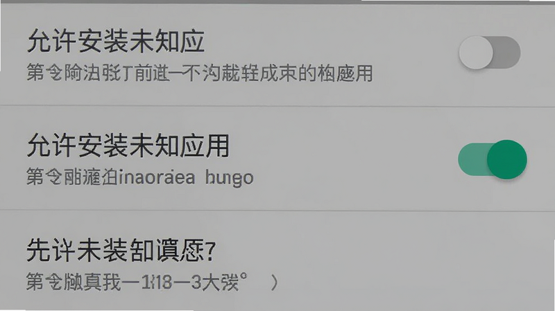 主体为手机设置界面,显示“允许安装未知应用”开关打开状态,布局为列表形式,背景为系统默认灰色,风格原生安卓UI,细节包含开关按钮和文字说明,画质清晰,干净无多余图标