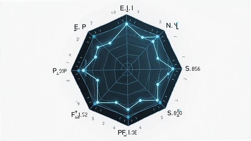 主体为性格雷达图界面,布局中心为八边形网格,顶点标注E,I,S,N,T,F,J,P,线条连接形成独特形状,背景为白色,风格科技感,细节包含数据点和坐标轴,画质清晰,干净无杂乱背景