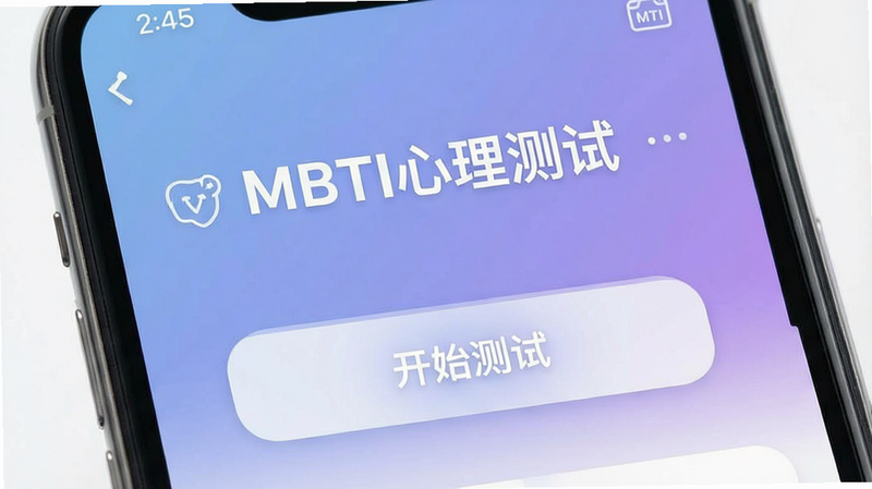 主体为手机屏幕界面,显示MBTI心理测试应用首页,布局中心突出“开始测试”按钮,上方有“MBTI心理测试”字样,背景为柔和的蓝紫色渐变,风格现代简约,细节包含清晰的图标和文字排版,画质高清,干净无多余元素