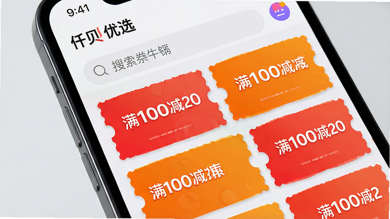 手机屏幕特写,显示“仟贝优选”APP内的优惠券列表界面,顶部有搜索栏,下方排列着多个红色和橙色的优惠券卡片,卡片上印有“满100减20”等文字,背景为浅灰色,风格现代简约,细节丰富,画质清晰,干净,无多余元素