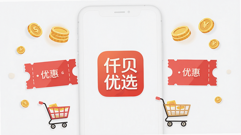 一张展示“仟贝优选”APP主界面的手机屏幕渲染图,主体为白色背景的手机模型,屏幕中央显示应用图标“仟贝优选”,周围环绕着红色优惠券、金币和购物车等矢量插画元素,布局居中对称,排版整洁,风格为扁平化UI设计,细节清晰,画质高清,干净,无多余元素