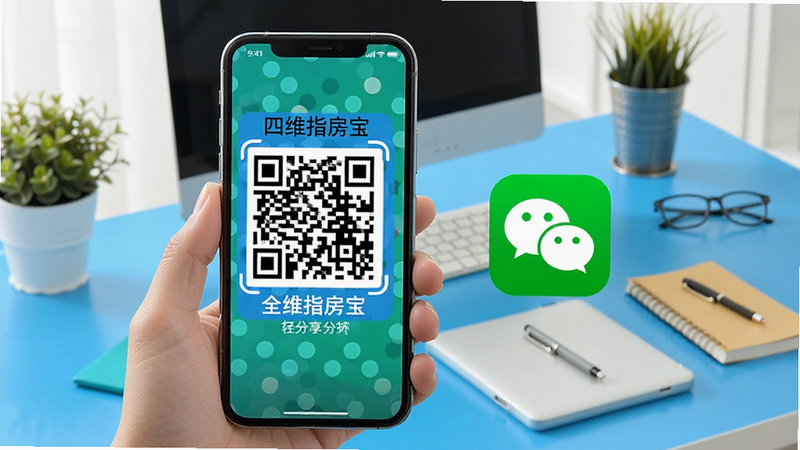 展示二维码分享场景,手机屏幕上显示一个生成的全景链接二维码,旁边有一个微信图标,暗示一键分享功能,背景为办公桌面,整洁有序,突出“四维指房宝”的便捷分享特性,色彩明亮,无干扰元素