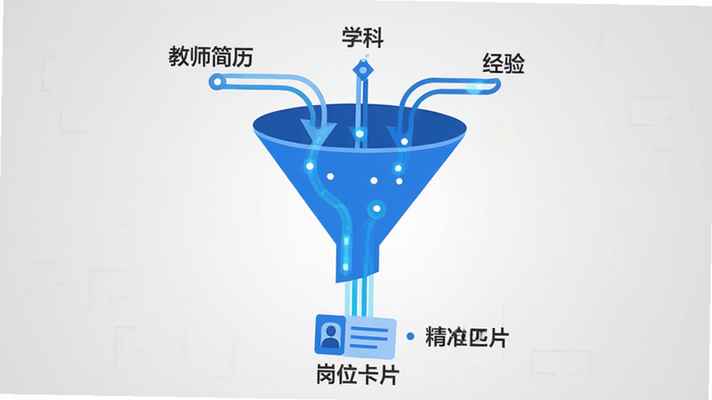 概念化插图,展示一个蓝色的智能算法漏斗,上方输入“教师简历”、“学科”、“经验”等数据流,下方输出精准匹配的“岗位卡片”。风格为扁平化科技风,线条简洁流畅,背景为浅灰色渐变,突出数据流动的视觉效果,无多余装饰,画质清晰
