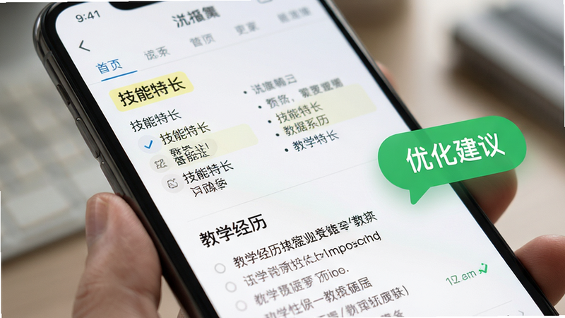 特写镜头,展示手机屏幕上的简历编辑界面,高亮显示“技能特长”和“教学经历”板块,旁边有一个绿色的“优化建议”提示气泡。风格为写实UI截图风格,光影柔和,聚焦于文字排版的整洁性,背景虚化以突出主体,无水印,画质高清
