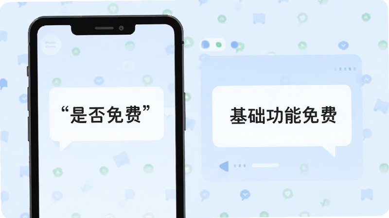 一张咨询对话界面的示意图,左侧为用户提问“是否免费”,右侧为客服回答“基础功能免费”,背景为淡蓝色,风格清新简洁,文字清晰,无其他干扰元素,画质高