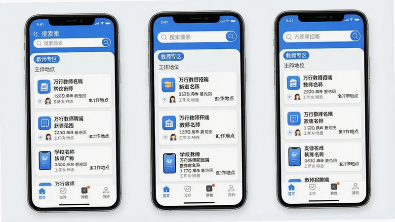 一张高清的移动端应用界面预览图,主体为“万行教师招聘端”APP首页,布局清晰,顶部显示搜索栏和“教师专区”标签,中部展示最新的招聘岗位列表卡片,包含学校名称、薪资范围、工作地点等关键信息,底部为导航栏。风格为现代简约UI设计,配色以白色背景搭配蓝色主色调,细节处展现图标的高清晰度,画质细腻,无多余元素,文字清晰可见“万行教师招聘端”