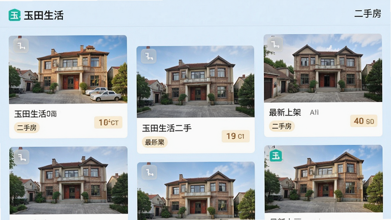 主体为玉田生活APP二手房列表页,布局为瀑布流,显示多套房屋缩略图,背景浅蓝,风格清晰直观,细节丰富,画质高清,干净,无多余元素,文字包含“玉田生活”、“二手房”、“最新上架”
