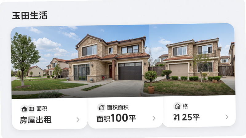 主体为玉田生活APP房产页面,布局为卡片式,上方显示房屋照片,下方显示面积和价格,背景浅灰色,风格现代简约,细节真实,画质高清,干净,无多余元素,文字包含“玉田生活”、“房屋出租”、“面积100平”