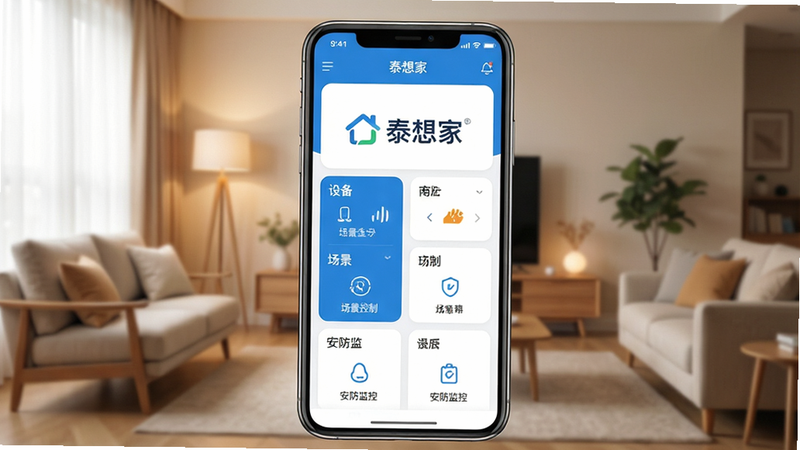 һ��չʾ̩���App������ĸ����ͼ������Ϊ��ܰ�ִ���������Ļ������ʾ��̩��ҡ�Logo�����沼�������������豸�б����������ơ�������ص�ģ�飬ɫ��������Ϊ��������ƽ����ϸ�ھ��£����ʸ��壬�޶���Ԫ��