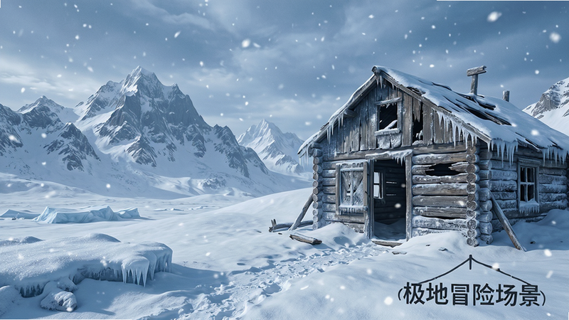 主体为《密室逃脱求生系列1极地冒险》中的雪地场景,布局包含远处的雪山和近处的破旧木屋,排版平衡,风格为冷色调写实风,细节展示雪粒质感和冰霜纹理,画质超清,干净无杂物,文字