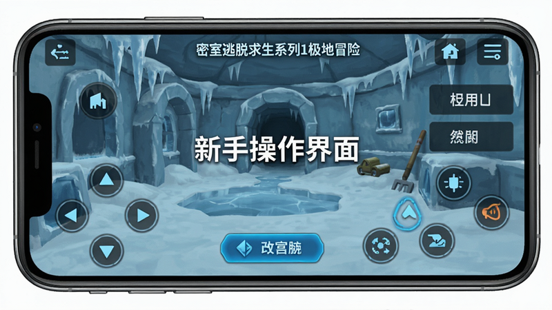 主体为《密室逃脱求生系列1极地冒险》手机端操作界面,布局展示手机屏幕上的虚拟按键和菜单选项,排版清晰,风格为简洁UI设计,细节展示按钮高亮状态,画质清晰,干净无遮挡,文字