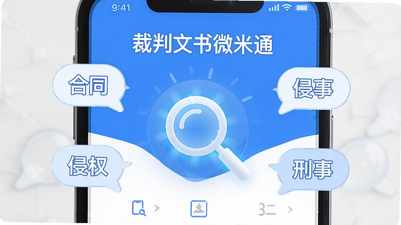 主体为手机应用搜索界面,显示“裁判文书微米通”字样,中间有一个发光的放大镜图标,周围环绕着“合同”、“侵权”、“刑事”等关键词气泡,布局中心对称,风格扁平化,色彩以蓝白为主,细节清晰,画质高清,干净,无多余元素