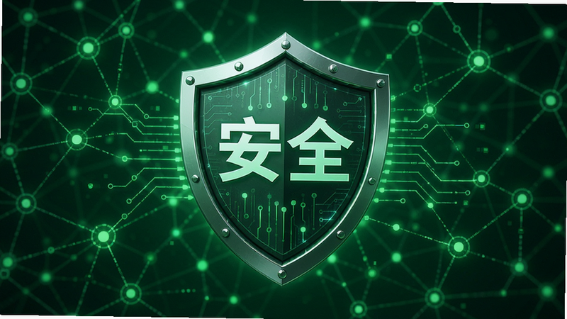 主体为盾牌图标,中间写着“安全”二字,背景为绿色的网络节点图,象征数据保护,布局中心突出,风格科技感强,细节清晰,画质4k,干净,无多余元素