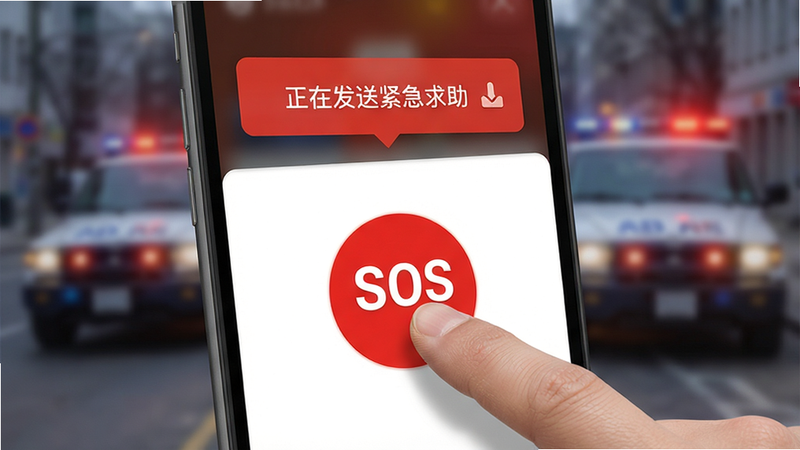 ����APP��������ʾ��ͼ����ָ���ڳ�����ɫ��SOS��ť����Ļ�Ϸ����������ڷ��ͽ�������������ʾ�򣬱���ģ��������ͻ������ϸ�ڣ�дʵ��񣬸�������