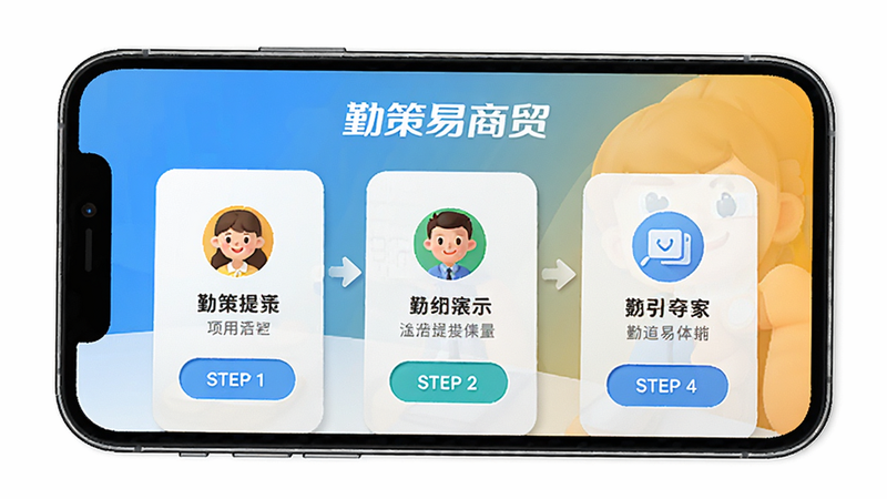 “勤策易商贸”新手引导界面预览,手机屏幕显示分步操作演示,步骤清晰,图标友好,色调明亮,突出易用性与亲和力,高清展示,无杂乱元素