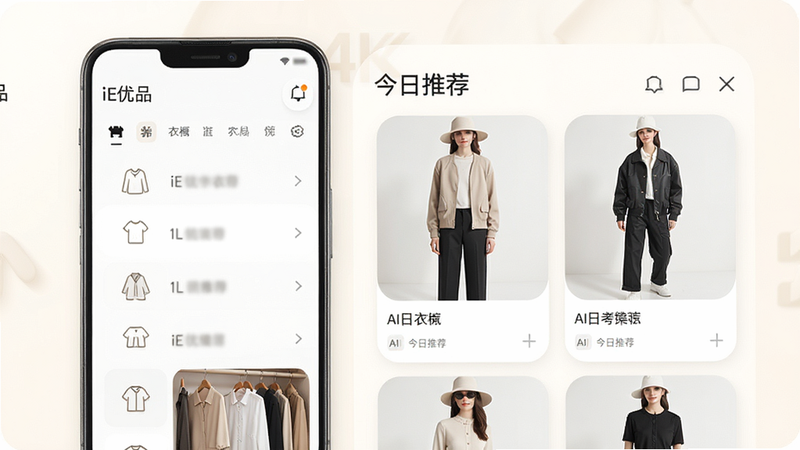 主体为iE优品安卓应用的高清界面预览图,布局采用现代极简主义风格,左侧显示个人衣橱列表,右侧展示AI生成的穿搭推荐卡片,排版整齐有序,背景为柔和的米白色,细节处包含精致的衣服图标和柔和的阴影效果,画质4K,干净无多余元素,文字清晰可见包含