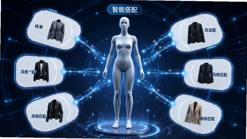 主体是iE优品软件内部的AI搭配功能演示界面,布局中心是一个虚拟人体模型,周围环绕着不同风格的服装单品标签,排版呈现放射状结构,风格为科技感蓝白配色,细节展示算法连线效果,画质高清,无杂色干扰,文字标注