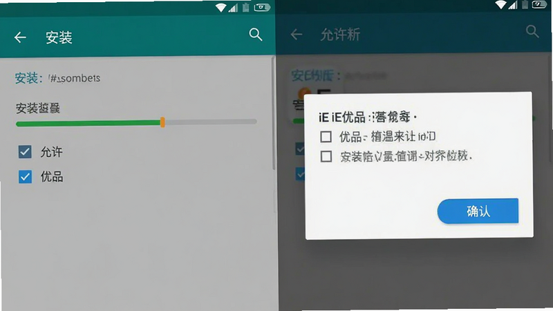 主体为安卓手机安装iE优品过程的界面截图,布局包含安装进度条和权限请求弹窗,排版标准系统风格,细节显示勾选框和确认按钮,画质清晰,无模糊像素,文字包含