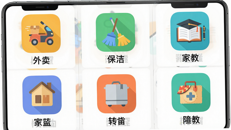 ����Ϊʱн��ְApp�ķ���ҳ�棬����չʾ�Ź�����б���ʽ�ĸ�λ���ͼ�꣬�Ű�����Գƣ����Ϊ��ʱ�ƽ����ƣ�ϸ�ڰ������������������ࡱ�����ҽ̡���ͼ�꼰���֣������������ɾ��޶���װ��