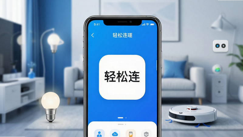 一张展示智能手机界面的高清概念图,手机屏幕中央显示“轻松连”APP的主界面,背景为模糊的现代智能家居客厅场景,包含智能灯泡、扫地机器人和智能插座等元素,整体色调为科技蓝与白色,风格现代简约,主体清晰,布局平衡,排版整洁,细节丰富,画质8k,干净无多余元素