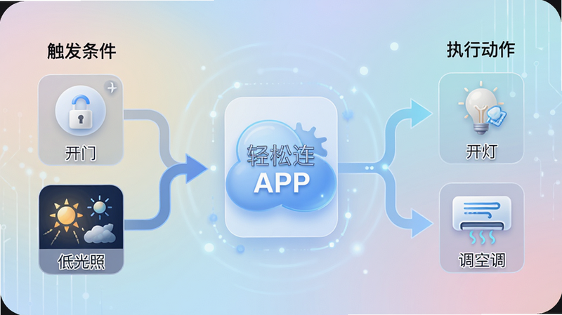 一张展示自动化流程图的概念图,左侧是触发条件(如开门、低光照),中间是“轻松连”APP的逻辑处理核心,右侧是执行动作(开灯、调空调),通过箭头连接,背景为柔和的渐变色,强调逻辑的流畅与智能,风格现代,细节丰富,画质高,无多余文字