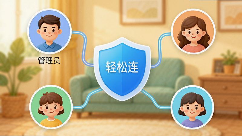一张展示家庭用户界面管理的插图,中心是一个“轻松连”APP的盾牌图标,周围有三个不同颜色的用户头像,分别代表管理员、父母、儿童,通过线条连接表示权限分配关系,背景为温馨的家居色调,强调安全与共享,风格友好,细节清晰,画质高,无多余元素