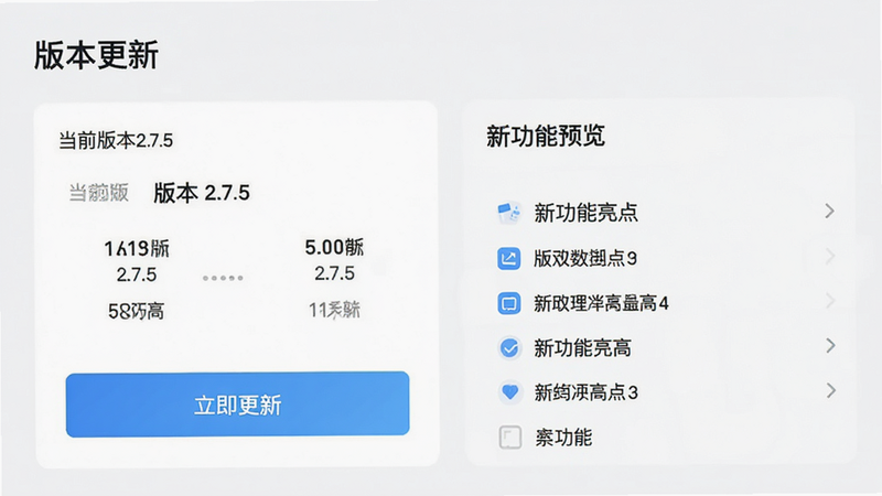 主体为版本更新界面,显示“当前版本2.7.5”和“立即更新”按钮,布局简洁,风格现代,细节包含版本号对比和新功能亮点列表,画质清晰,文字标签为