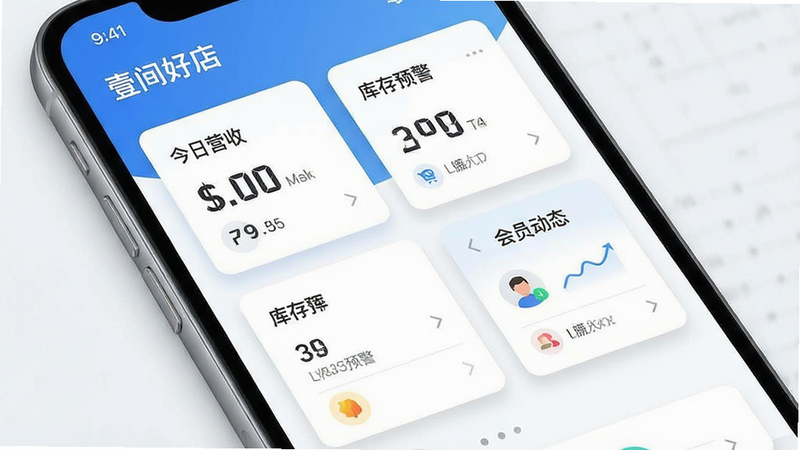 主体为手机屏幕显示壹间好店APP首页,布局清晰展示“今日营收”、“库存预警”、“会员动态”三个核心卡片模块,排版简洁现代,风格为清新商务蓝白配色,细节处有细微阴影增强立体感,画质高清,干净,无多余元素,文字显示“壹间好店”、“今日营收”、“库存预警”、“会员动态”