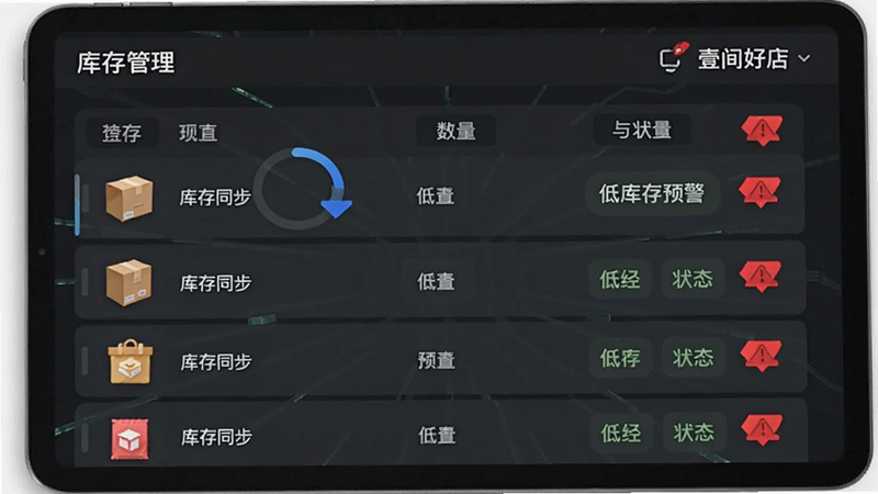 主体为平板电脑屏幕显示库存管理界面,布局为列表形式,左侧商品图标,右侧数量与状态栏,排版整齐有序,风格为科技感深灰背景,细节处有红色低库存警示图标,画质清晰,干净,无多余元素,文字显示“库存同步”、“低库存预警”、“壹间好店”
