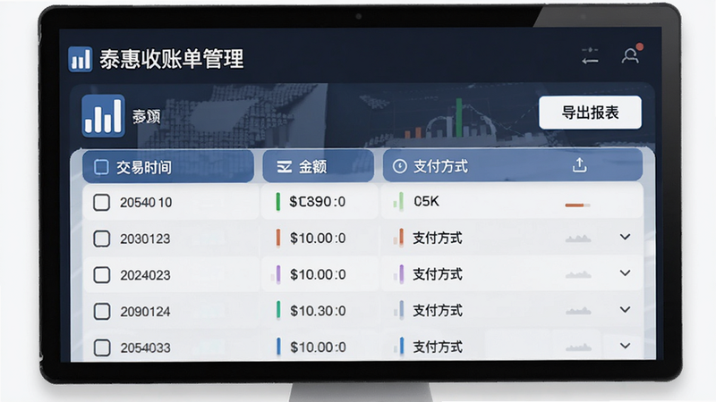 主体为泰惠收账单管理页面,布局列表式,显示交易时间、金额、支付方式,顶部有“导出报表”按钮,风格数据化,细节包含柱状图图标,画质高清,界面整洁