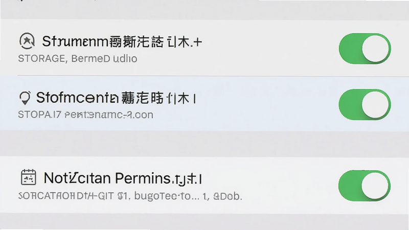 主体是手机设置界面截图,突出显示存储权限和通知权限选项,布局为垂直列表,排版清晰易读,风格为系统原生UI,细节包括开关按钮的高亮状态,画质清晰,干净,无多余元素