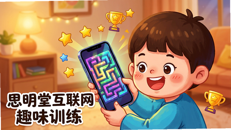 色彩鲜艳的插画风格图片,展示一个可爱的卡通小孩正在开心地看着手机屏幕,屏幕上是一个色彩斑斓的光影迷宫游戏界面。小孩周围散落着星星和奖杯图标,象征获得奖励。背景是温馨的居家环境,有柔和的暖色调灯光。画面左下角有文字“思明堂互联网 趣味训练”,字体活泼可爱。整体氛围轻松愉快,充满童趣,细节精致,色彩饱和度高,无模糊边缘。