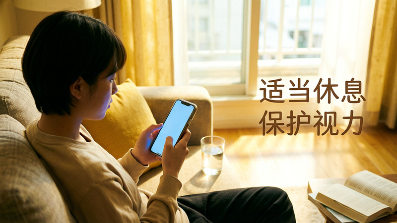 一张温馨的室内场景图,一位年轻人坐在沙发上,手持手机进行训练,手机屏幕发出柔和的蓝光。背景是明亮的窗户,阳光洒在地板上,营造出舒适放松的氛围。旁边有一杯水和一本书,暗示休息和阅读。画面右侧有文字提示“适当休息 保护视力”,字体温和。整体色调暖黄,给人安心感,细节真实,光影自然,无过度修饰。