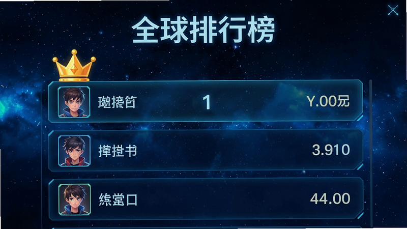 主体为游戏排行榜界面,布局为列表形式,显示玩家昵称、头像和分数,背景为深蓝色星空,风格为科技感UI,细节处有皇冠图标表示第一名,画质清晰,干净,无多余元素,文字“全球排行榜”在顶部