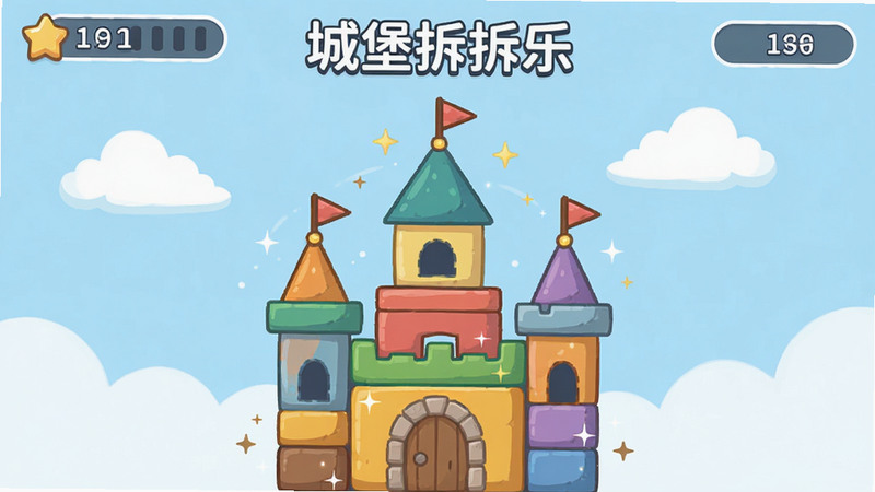 主体为城堡拆拆乐游戏主界面,布局居中显示一座由彩色方块堆砌的城堡,上方有分数栏和步数显示,背景为淡蓝色天空和白云,风格为扁平化卡通,细节处有星光特效,画质高清,干净,无多余元素,文字“城堡拆拆乐”在顶部居中