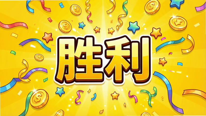 主体为游戏胜利界面,布局为中心显示“胜利”字样,周围有彩带和星星特效,背景为明亮的黄色,风格为喜庆卡通,细节处有金币掉落动画,画质鲜艳,干净,无多余元素,文字“胜利”在中心