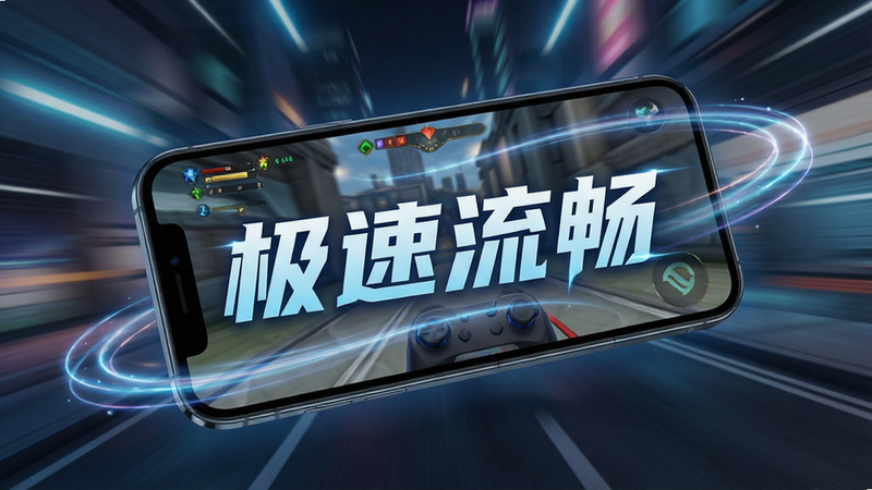 主体为手机高速运行游戏的示意图,布局动态模糊背景衬托清晰主体,排版强调速度感,风格为科技感与游戏感结合,细节展示流畅的动作轨迹,画质锐利,干净无干扰元素,文字“极速流畅”