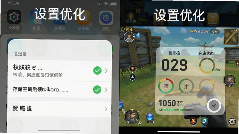 主体为手机设置界面与游戏界面的对比图,布局左右分屏,排版清晰直观,风格为实用教程风,细节展示权限勾选与存储空间状态,画质清晰,干净无杂乱图标,文字“设置优化”