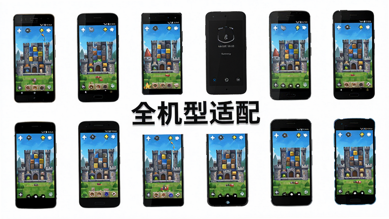 主体为多款不同品牌安卓手机运行《城堡拆拆乐》的展示,布局网格排列,排版整齐,风格为科技感展示,细节展示各手机屏幕上的游戏画面,画质高清,干净无多余背景,文字“全机型适配”