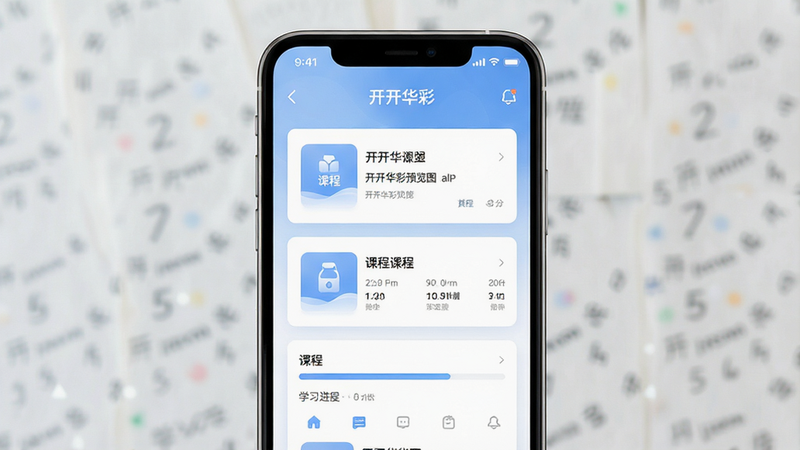 一张高清展示“开开华彩”APP首页界面的图片,主体为手机屏幕,显示课程列表与学习进度条,布局清晰,排版整洁,风格为现代简约UI设计,细节包含柔和的蓝色调背景与白色卡片,画质清晰,干净,无多余元素,alt属性为“开开华彩预览图”